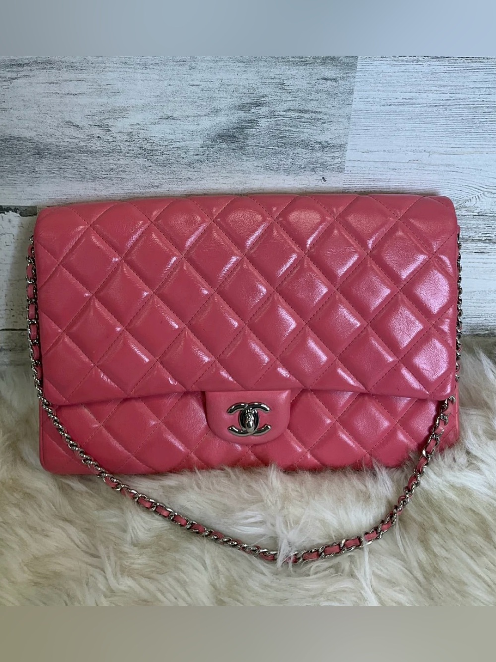 Authentic Chanel Pink Lambskin Leather Quilted Classic Flap Clutch Shoulder Bag - Picture 14 of 16